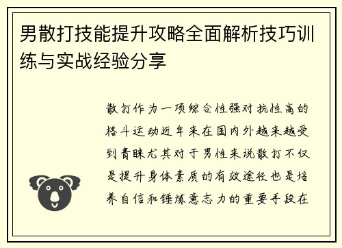男散打技能提升攻略全面解析技巧训练与实战经验分享